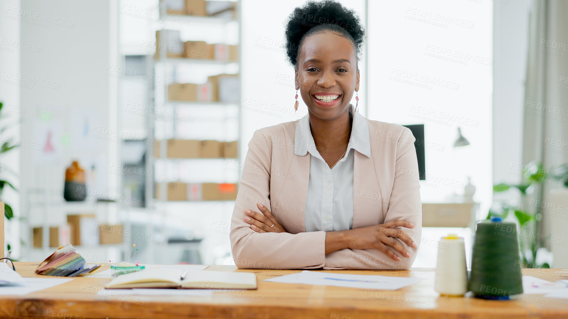 Buy stock photo Portrait, business and black woman with crossed arms and smile for fashion designer, professional and positive mindset. Face, person and happy for startup, creative career and entrepreneur in office