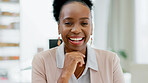 Portrait, hand on face and black woman with smile for digital marketing, motivation and positive mindset. Business, person and happy for startup, corporate career and entrepreneur in work office