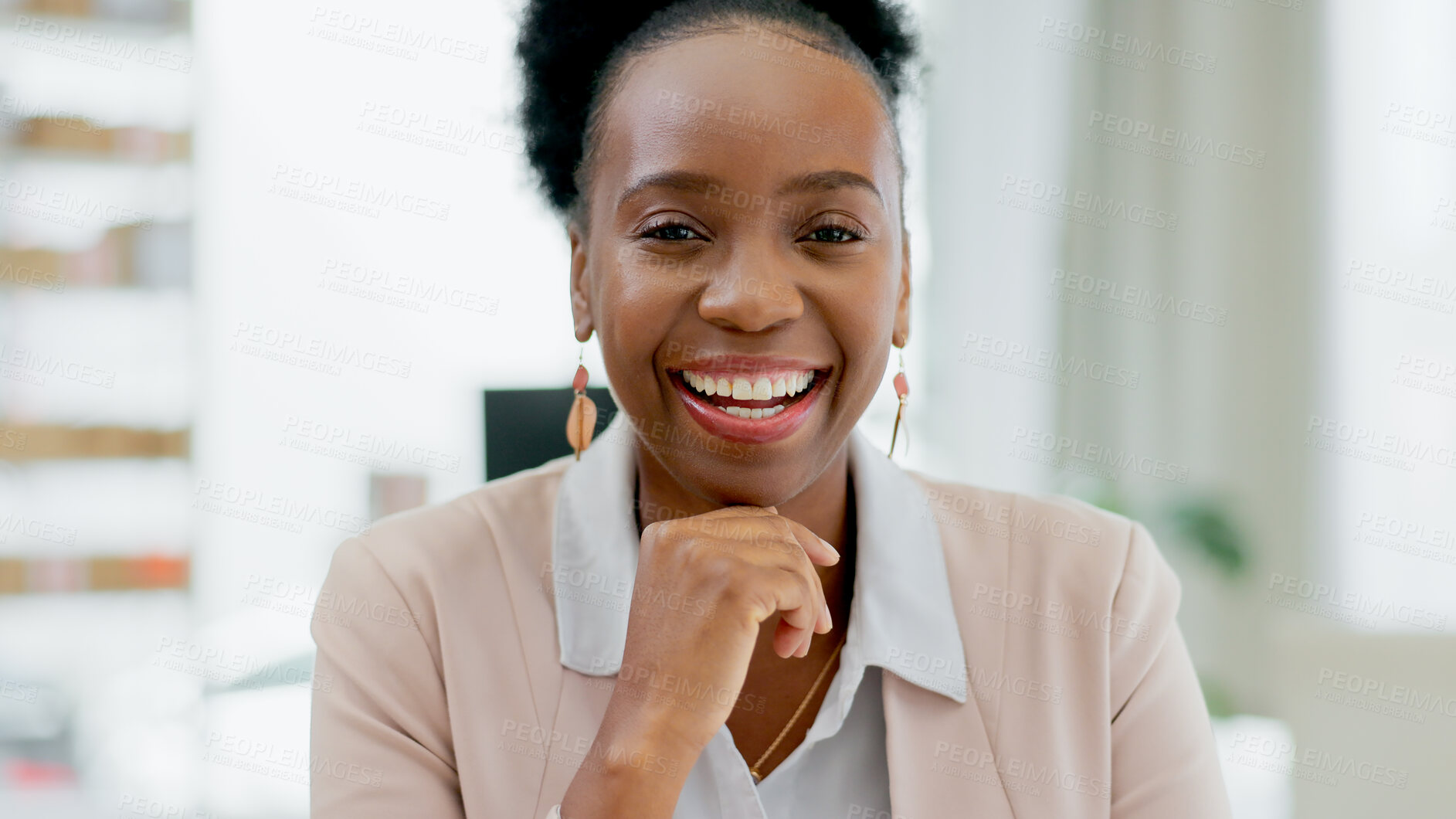 Buy stock photo Portrait, business and black woman with smile for entrepreneur, confidence and positive mindset. Professional, face or happy person for startup, creative career and management in work office or job