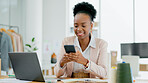 Phone, laptop or black woman on social media in office for networking, online post or break to relax. Text communication, smile or happy African business owner planning on technology, blog or email