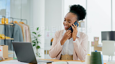 Buy stock photo Fashion, phone call and black woman with a laptop, startup and business with connection with online order. African person, entrepreneur and employee with a pc, smartphone and network with ecommerce