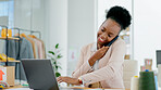 Fashion, phone call and black woman with a laptop, business and typing with connection. African person, entrepreneur and employee with a pc, smartphone and startup with online order and ecommerce