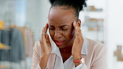 Buy stock photo Business, stress and black woman with headache in office frustrated by brain fog, pain or crisis. Anxiety, face and African female fashion designer with vertigo, migraine or mistake, disaster or fail