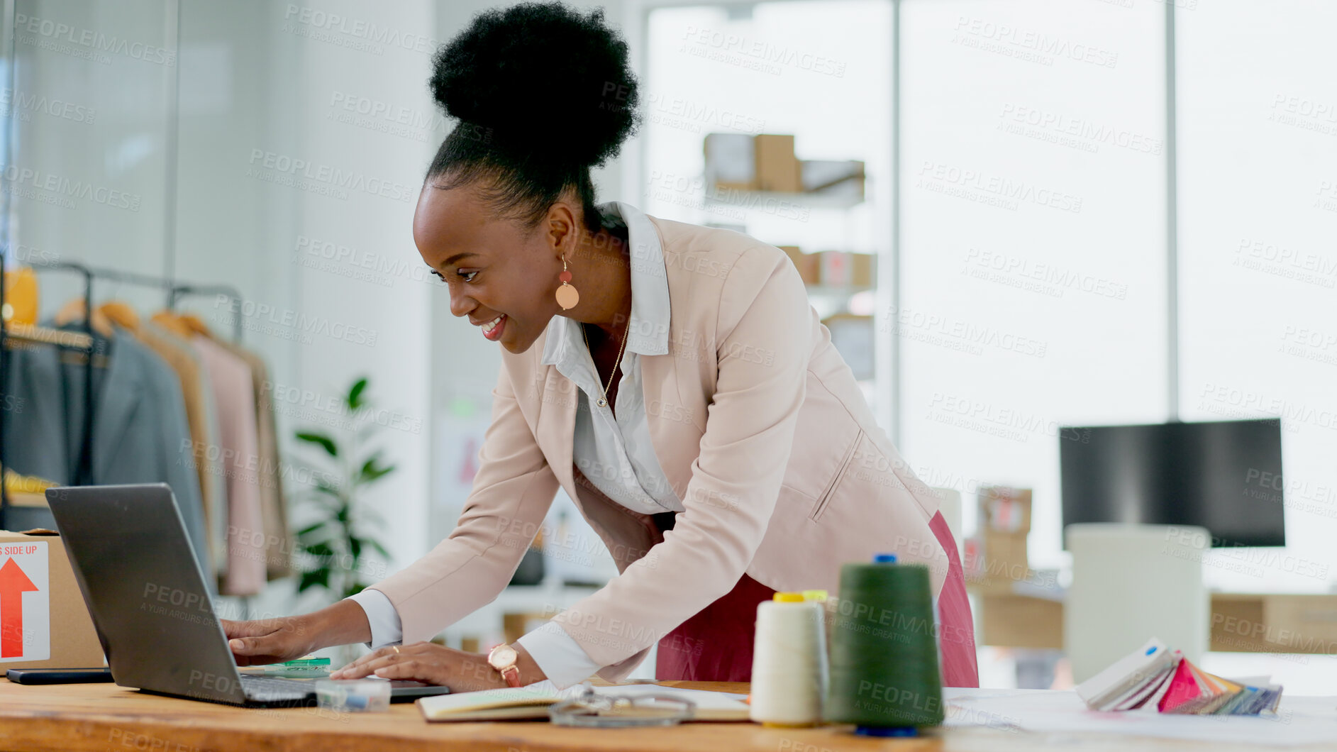 Buy stock photo Happy black woman, laptop and fashion designer in small business, office or ideas at boutique store. African female person smile working on computer in logistics for clothing or schedule delivery