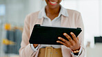 Happy woman, hands and tablet of fashion designer in small business, research or communication at boutique. Closeup of female person or entrepreneur on technology for online search or networking