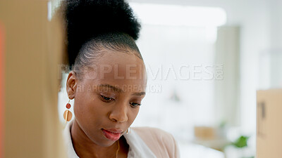 Buy stock photo Thinking black woman, box and logistics in small business, inventory inspection or checking stock at retail store. Face of African female person in management for parcel, package or storage service