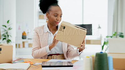 Buy stock photo Black woman, box and logistics in small business, supply chain or schedule delivery at boutique store. African female person or entrepreneur with parcel, package or cargo for shipping at retail shop