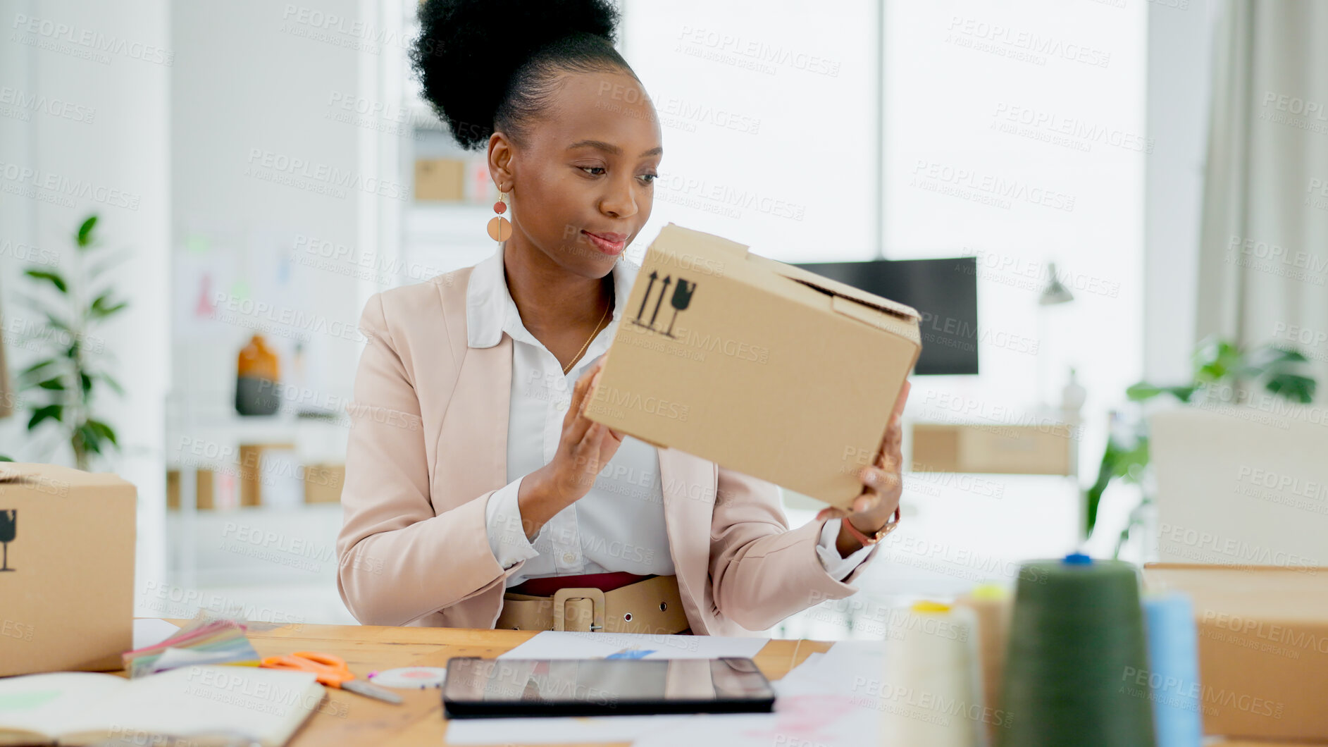 Buy stock photo Black woman, box and logistics in small business, supply chain or schedule delivery at boutique store. African female person or entrepreneur with parcel, package or cargo for shipping at retail shop