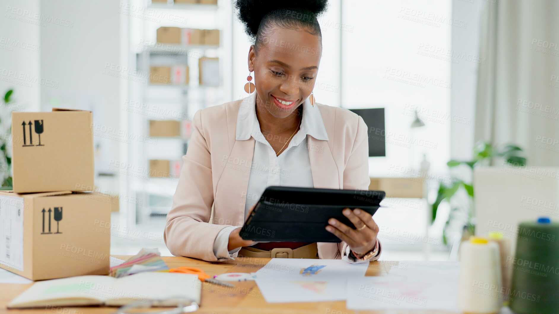 Buy stock photo Happy black woman, tablet and logistics in small business for supply chain or online shopping at boutique store. African female person smile on technology with boxes for ecommerce or retail purchase