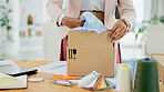 Woman, hands and box of fashion designer in logistics, supply chain or small business at boutique store. Closeup of female person packing boxes for clothing, delivery or courier service at shop