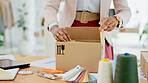 Woman, hands and box of fashion designer in small business, supply chain or logistics at boutique store. Closeup of female person packing boxes for clothing, delivery or courier service at shop