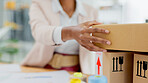 Hand, person and box for distribution, shipping and small business owner in export and cargo delivery. Supply chain, closeup and package from supplier, e commerce and logistics industry with courier