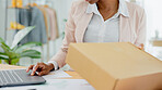 Hand, laptop and person, box for distribution or shipping, check stock list for small business owner and delivery. Supply chain, inventory and package from supplier, e commerce courier and logistics