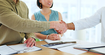 Buy stock photo Business people, hand shake and documents for partnership deal, contract or agreement in company office. Shaking hands, men and woman after negotiation, meeting or collaboration for corporate work