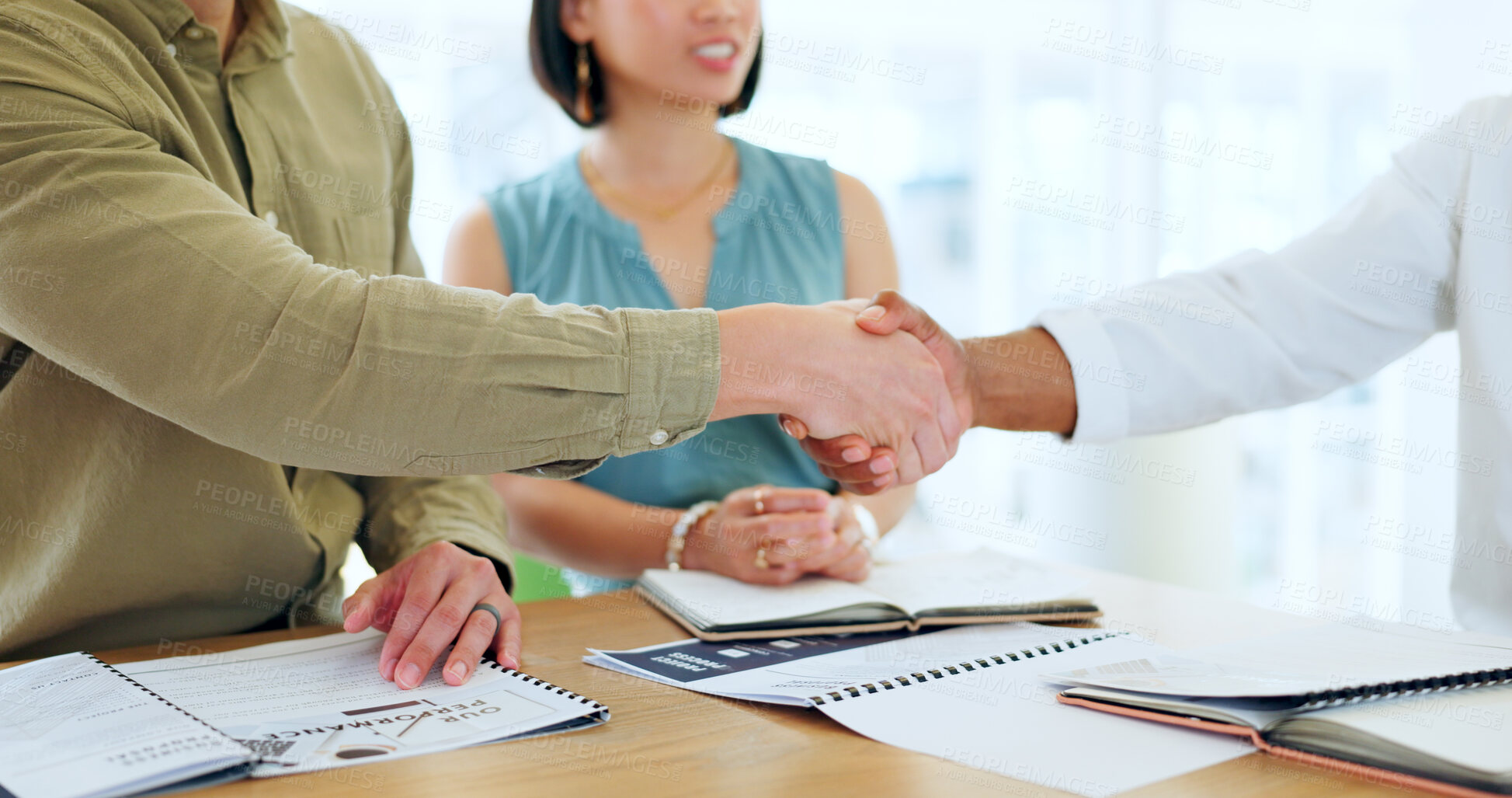 Buy stock photo Business people, hand shake and documents for partnership deal, contract or agreement in company office. Shaking hands, men and woman after negotiation, meeting or collaboration for corporate work