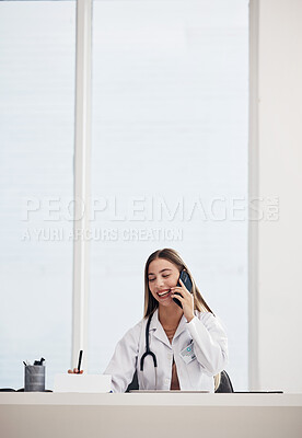 Buy stock photo Phone call, woman and doctor with conversation, healthcare and connection with network, smile and digital app. Person, employee and medical professional with a smartphone, communication and surgeon