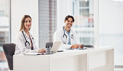 Buy stock photo Portrait, laptop and healthcare with a team of doctors in the hospital for medical collaboration you can trust. Smile, computer or teamwork with a woman and man medicine professional in a clinic