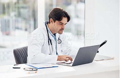 Buy stock photo Laptop, news or doctor with research, medical update or telehealth web service in hospital clinic. Man, science or surgeon working in professional healthcare typing on digital tech for email info 