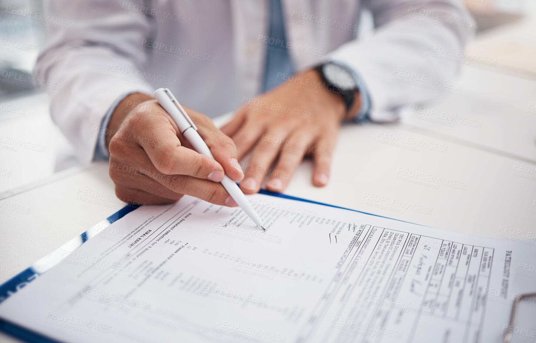 Buy stock photo Closeup, doctor and hands with document for writing on insurance form, information or chart of patient for treatment. Healthcare professional, nurse or specialist with clipboard for medical history
