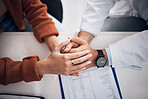 Diagnosis, results and doctor holding hands with patient for support, care and kindness in clinic or hospital. Healthcare, empathy and counseling person with medical, report and announcement of news