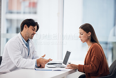 Buy stock photo Bad news, doctor or frustrated patient with results, information or healthcare history for help. Paper, report or medical expert with prescription, checklist or notes on clipboard for an angry woman