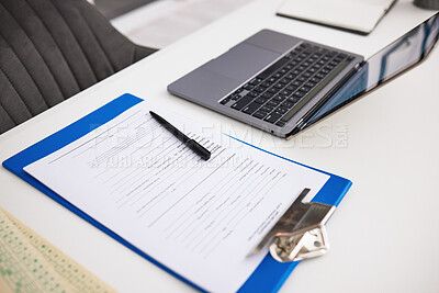 Buy stock photo Insurance, office and checklist with laptop on table in hospital for survey, information and health data. Paperwork, questions and computer with form for medical results, report and healthcare review