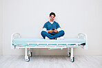 Phone, nurse and man typing on bed in hospital, telehealth or relax on break on mockup space. Smartphone, stretcher and medical professional on internet, social media or communication on health app