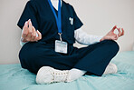 Doctor, yoga and meditate to relax in hospital, healing and break from work, closeup in calm for mental health. Medical professional, peace and wellness for aura, zen and chakra for balance in career