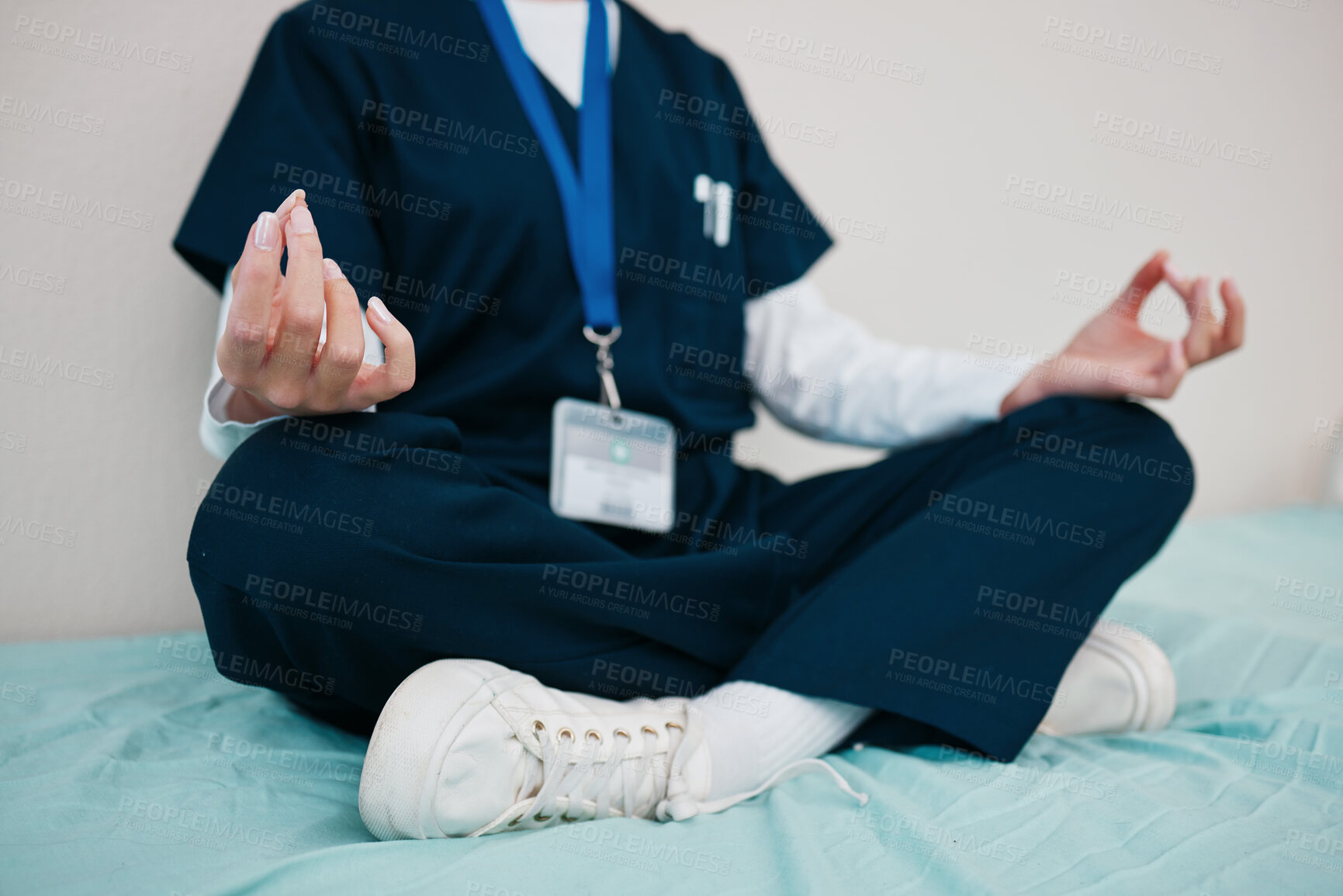 Buy stock photo Doctor, yoga and meditate to relax in hospital, healing and break from work, closeup in calm for mental health. Medical professional, peace and hands for aura, zen and chakra for balance in career