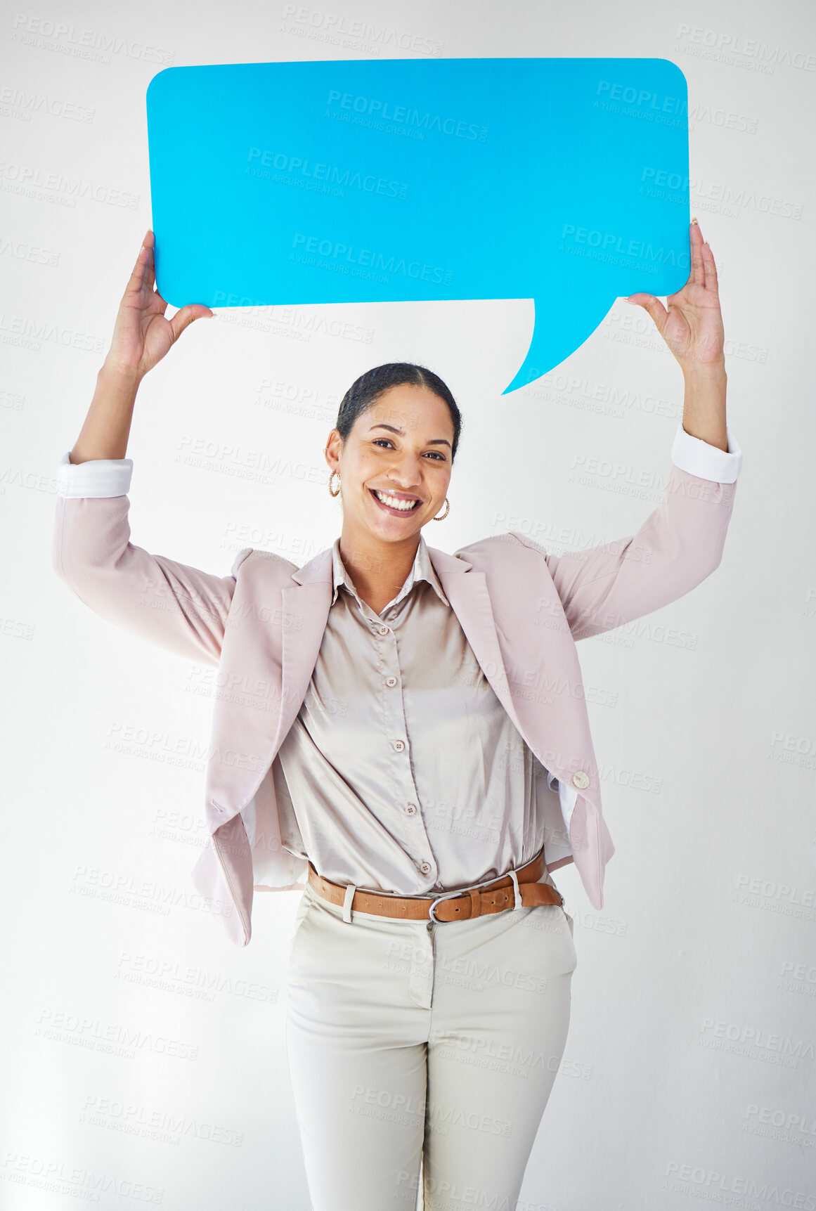 Buy stock photo Portrait, woman and speech bubble with mock up space in studio for opinion or voice on white background with smile. Face, person and paper poster for social media news, vote or review with happiness