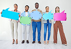 Business, people and portrait with social media, speech bubble and online communication in chat. Discussion, board or group on internet for networking, connection and announcement in forum mockup
