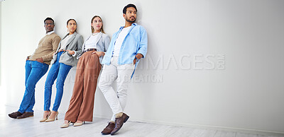 Buy stock photo Waiting room, staff and business people with mockup space and hiring employee group in a office. Job interview, recruitment and leaning on wall together with diversity and company team of worker idea