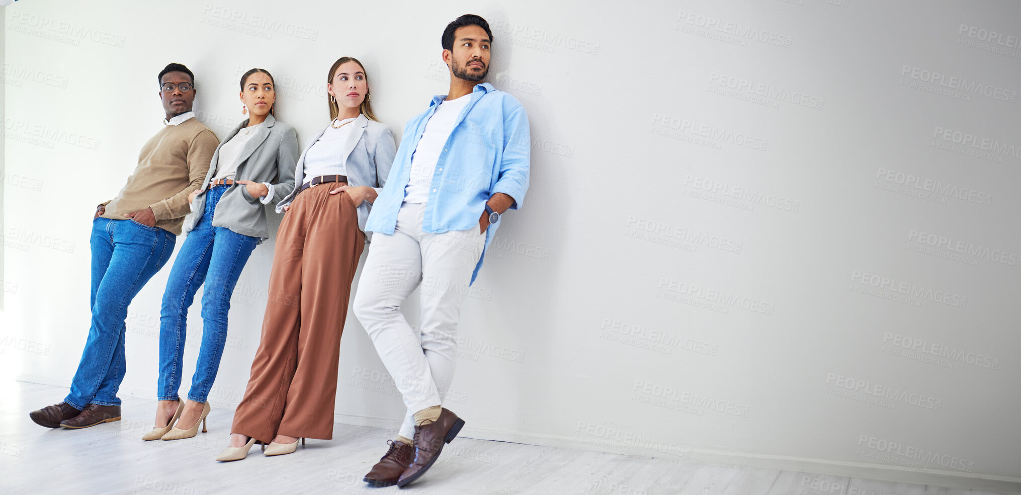 Buy stock photo Waiting room, staff and business people with mockup space and hiring employee group in a office. Job interview, recruitment and leaning on wall together with diversity and company team of worker idea