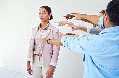 Buy stock photo Pointing, woman and workplace bullying from business people in an office for new employee. Serious, company and workers, friends or a team with a gesture to a female for group gossip or rumor