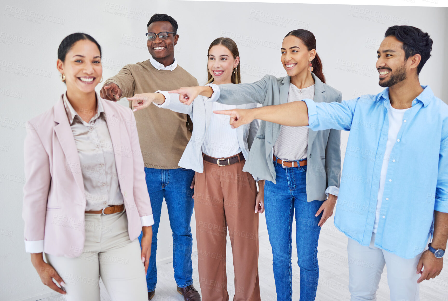 Buy stock photo Woman, team and smile by pointing or picking leader, solidarity and vote in choosing of staff. Happy people, unity and choice of person, positive and collaboration in decision of hire or promotion