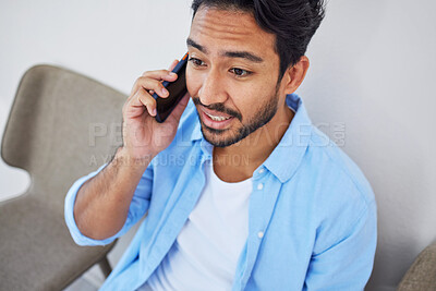 Buy stock photo Phone call, waiting and man in the office for hiring meeting with human resources for recruitment. Discussion, professional and person on mobile conversation with cellphone sitting for job interview.