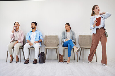 Buy stock photo People, waiting room and businesswoman walking to interview at job recruitment agency. Human resources, hiring and diversity, men and women in lobby together with professional career opportunity.