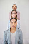 Portrait, serious and group of business people in row at corporate office. Face, team of employees in line and women, lawyers or workers together in collaboration, unity in cooperation or leadership