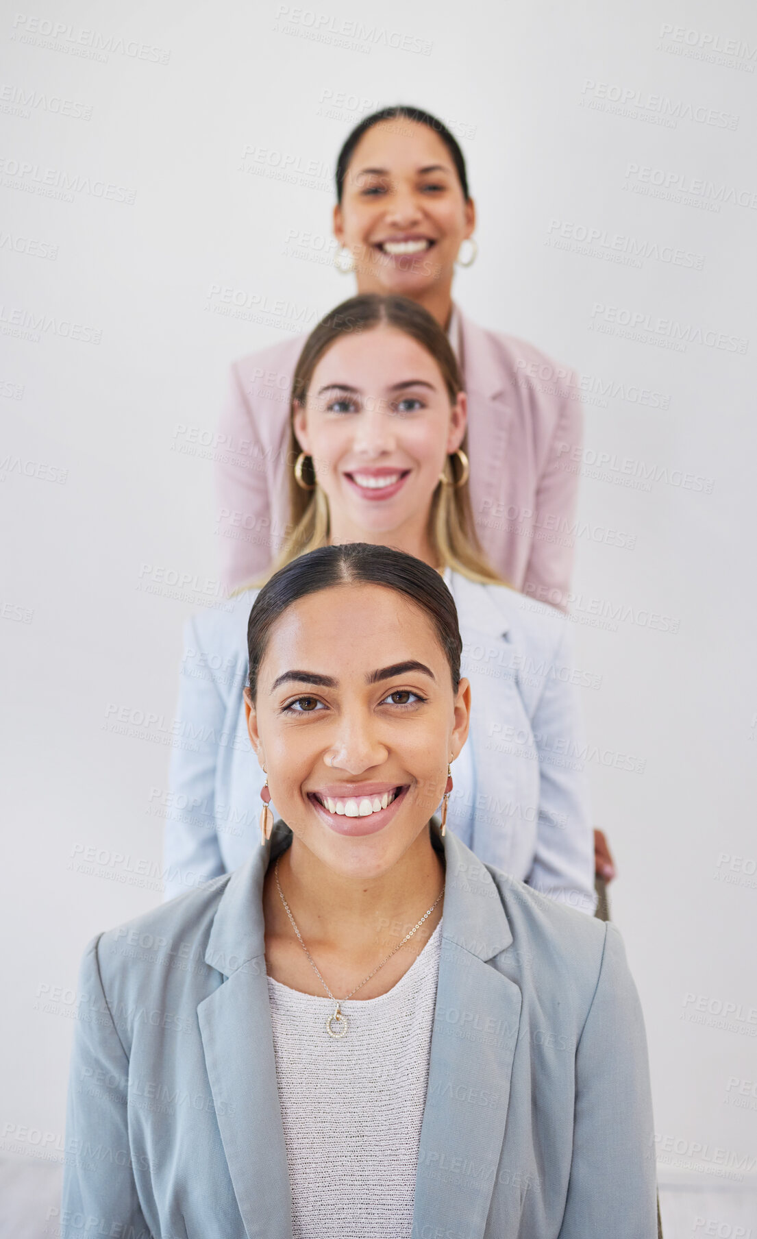 Buy stock photo Portrait, business people and women with a smile, career and teamwork on a grey studio background. Face, happy  group or staff with corporate professionals, cooperation and collaboration with startup