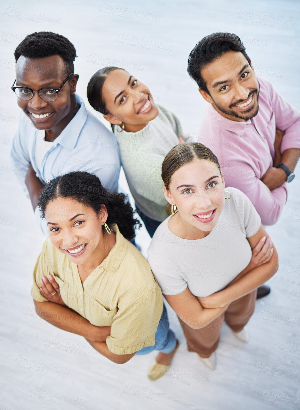 Buy stock photo Top view, people and smile on portrait in office, collaboration and pride for teamwork in company. Happy diversity coworkers, unity and confidence in solidarity, positive and together in workplace