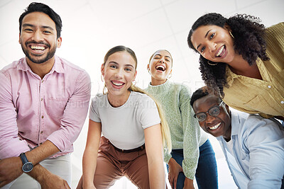 Buy stock photo Below, smile and portrait of happy employees excited in team building together and colleagues in collaboration. Bonding, joy and group of business people with unity in teamwork in startup company
