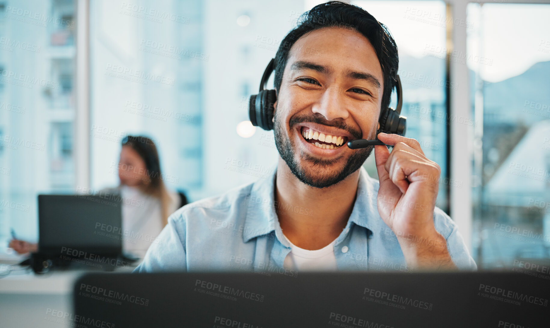 Buy stock photo Man, happy portrait and call center, business communication, customer service and contact us in office. Face, smile and Asian consultant laugh in virtual chat, helping or online support on a computer