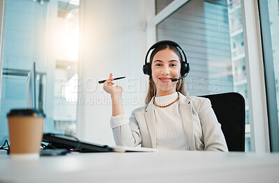 Buy stock photo Call center, customer support and portrait of woman at desk for consulting, network and online help in office. Telemarketing, communication and happy worker smile for CRM business, service and sales