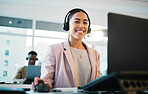 Happy woman, portrait and call center on laptop in customer service, support or telemarketing at office. Face of female person, consultant or agent smile with headphones in online advice at workplace