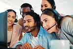 Call center, manager and reading on computer for news of sales, success and excited for online feedback. Crm, employees, and group email with surprise, results and report on laptop in office