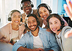 Selfie, call centre and people with headset in office for communication, customer service or telemarketing. Diverse group, man and woman with smile, happy and pose for teamwork, collaboration or bond