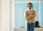 Portrait of black man, call center or manager with arms crossed in customer service or telemarketing. Happy, African or proud sales consultant agent with headset or smile in tech support or telecom