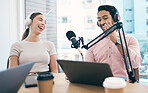 Man, woman and radio with interview, conversation and live streaming with happiness, news or media broadcasting. People, presenters or coworkers with microphone, technology or discussion with podcast