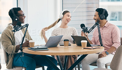 Buy stock photo Communication, podcast speaker or laughing people, group or presenter of talk show, comedy broadcast or funny live stream. Radio network production, voice content creator or humour team collaboration