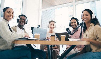 Buy stock photo Men, woman and group with microphone, podcast or portrait for chat, creativity or opinion on live stream. Team, laptop and headphones for web talk show, broadcast or smile for collaboration at desk